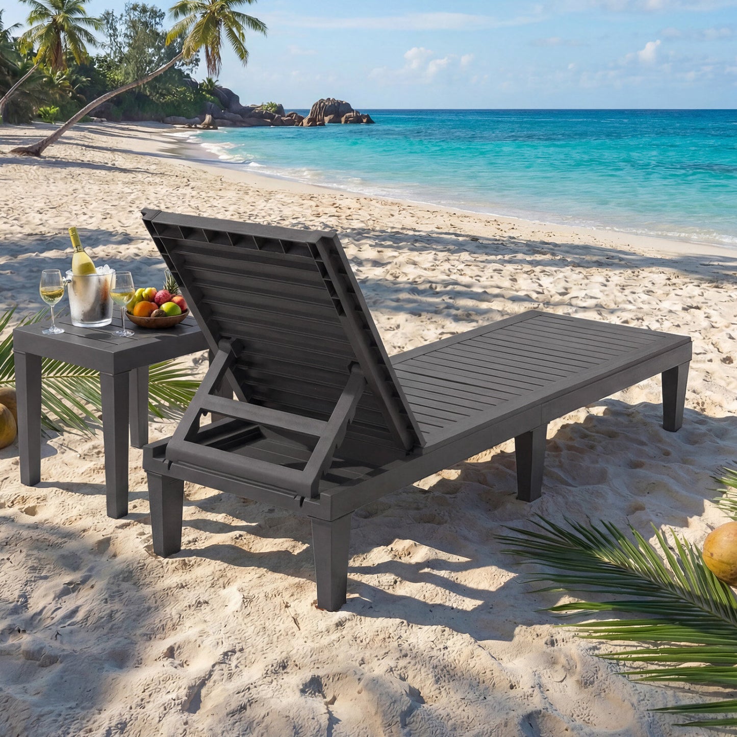 Set of 2 black outdoor chaise lounge chairs with adjustable backrests, ideal for patio relaxation and outdoor seating.