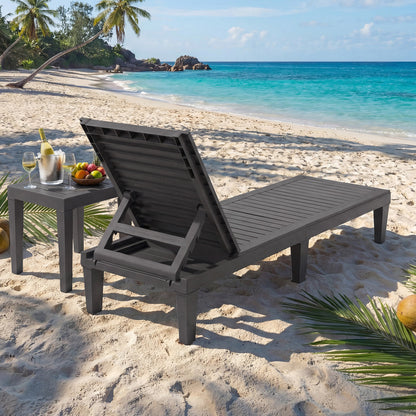 Set of 2 black outdoor chaise lounge chairs with adjustable backrests, ideal for patio relaxation and outdoor seating.