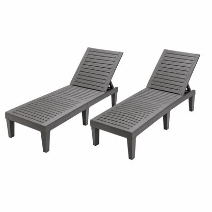 Set of 2 black outdoor chaise lounge chairs with 5-position adjustable backrests for patio relaxation.
