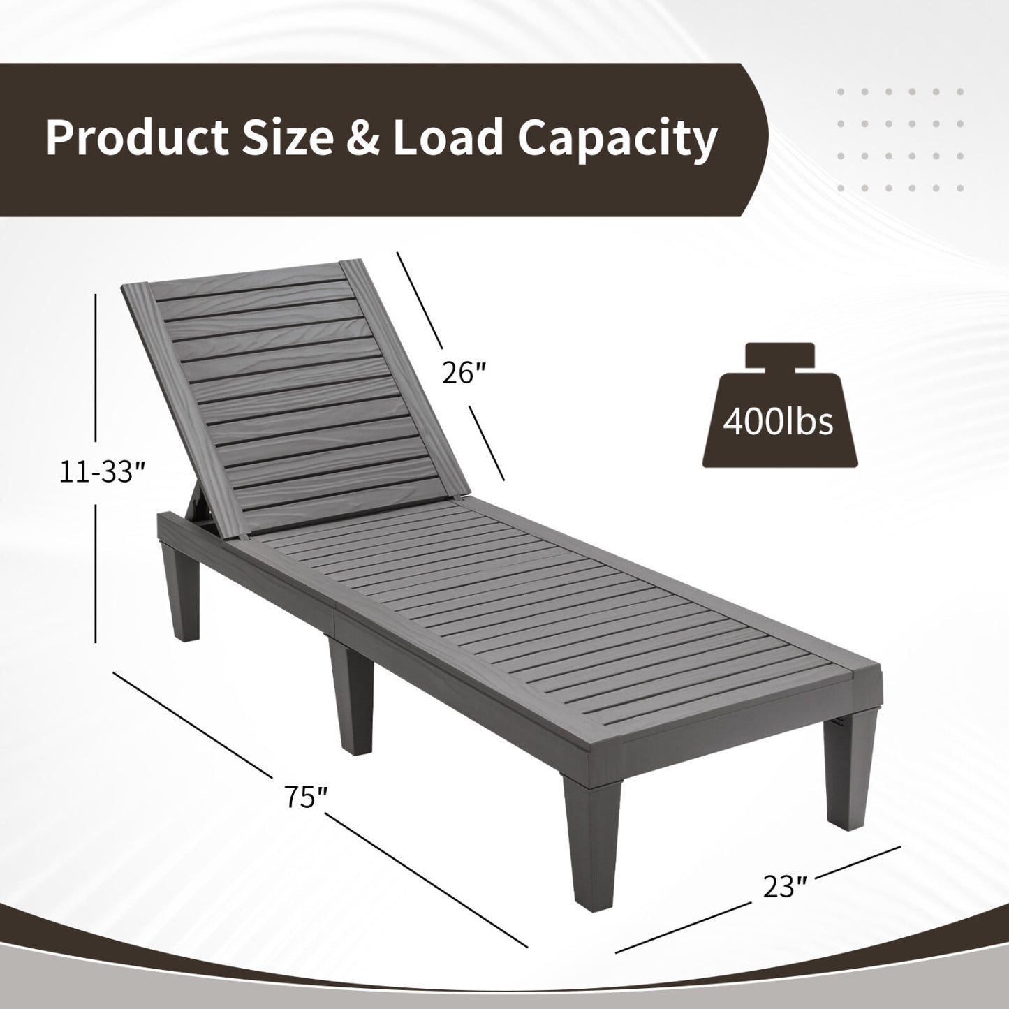 Set of 2 black outdoor chaise lounge chairs with 5-position adjustable backrests for patio relaxation.