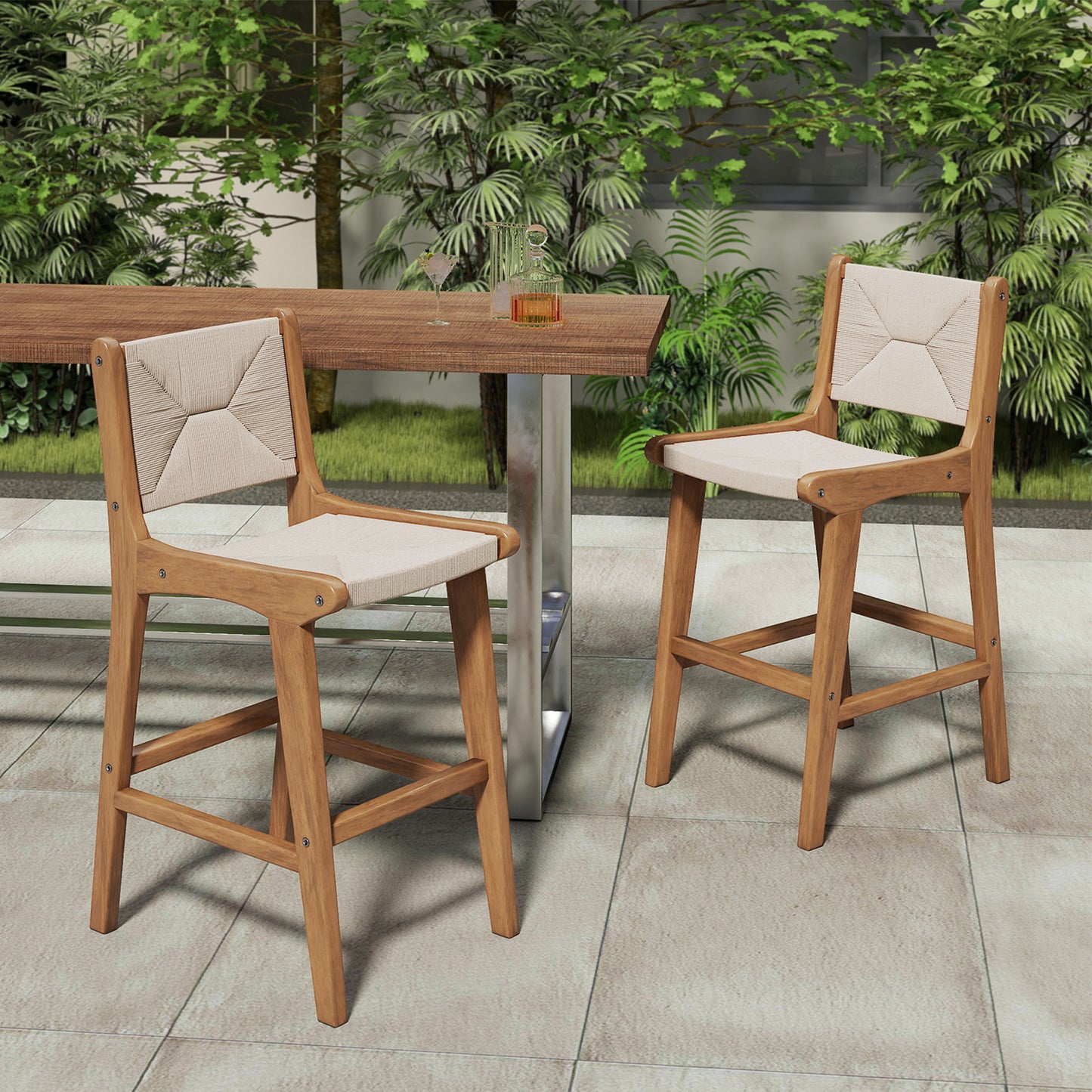Set of 2 Outdoor Counter Height Bar Stool Woven Paper Rope Patio Barstool with Teak Wood Frame