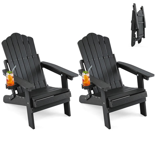 Set of 2 black outdoor folding Adirondack chairs with cup holders and 5-level backrests, perfect for patio seating.