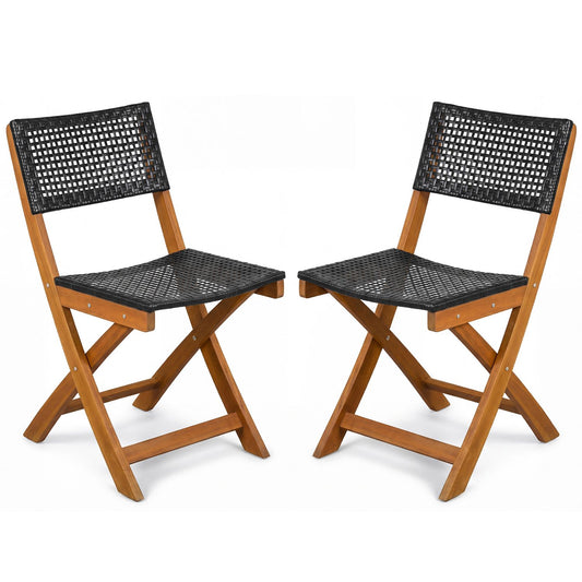 Set of 2 Outdoor Folding PE Rattan Chairs with Acacia Wood Frame for Porch Balcony Fully Assembled