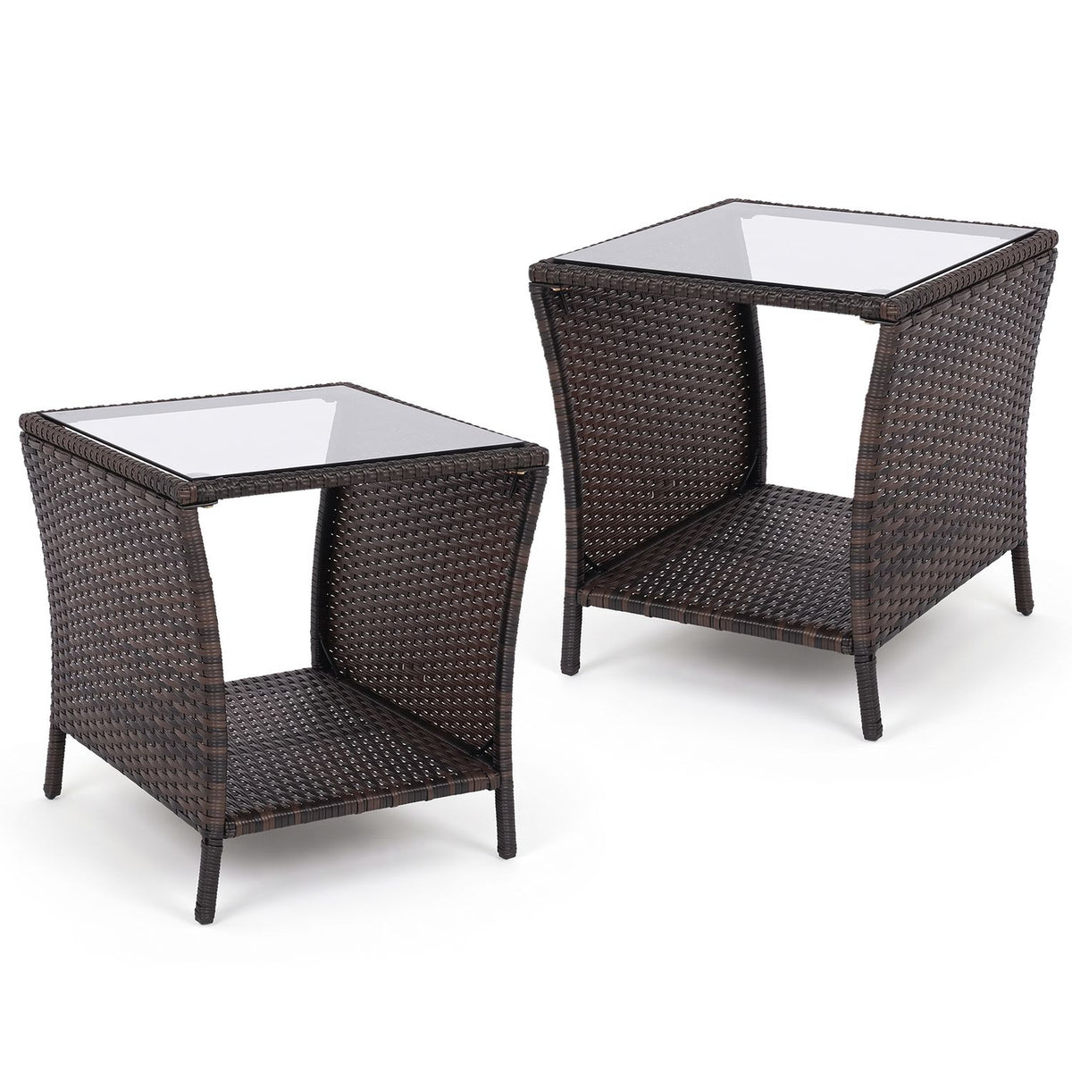 Set of 2 outdoor wicker side tables with tempered glass tops and storage shelves, perfect for patio or outdoor spaces.