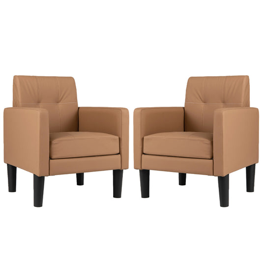 Set of 2 brown PU leather modern accent chairs with removable cushions, stylish living room furniture from Wilsons Home Store.