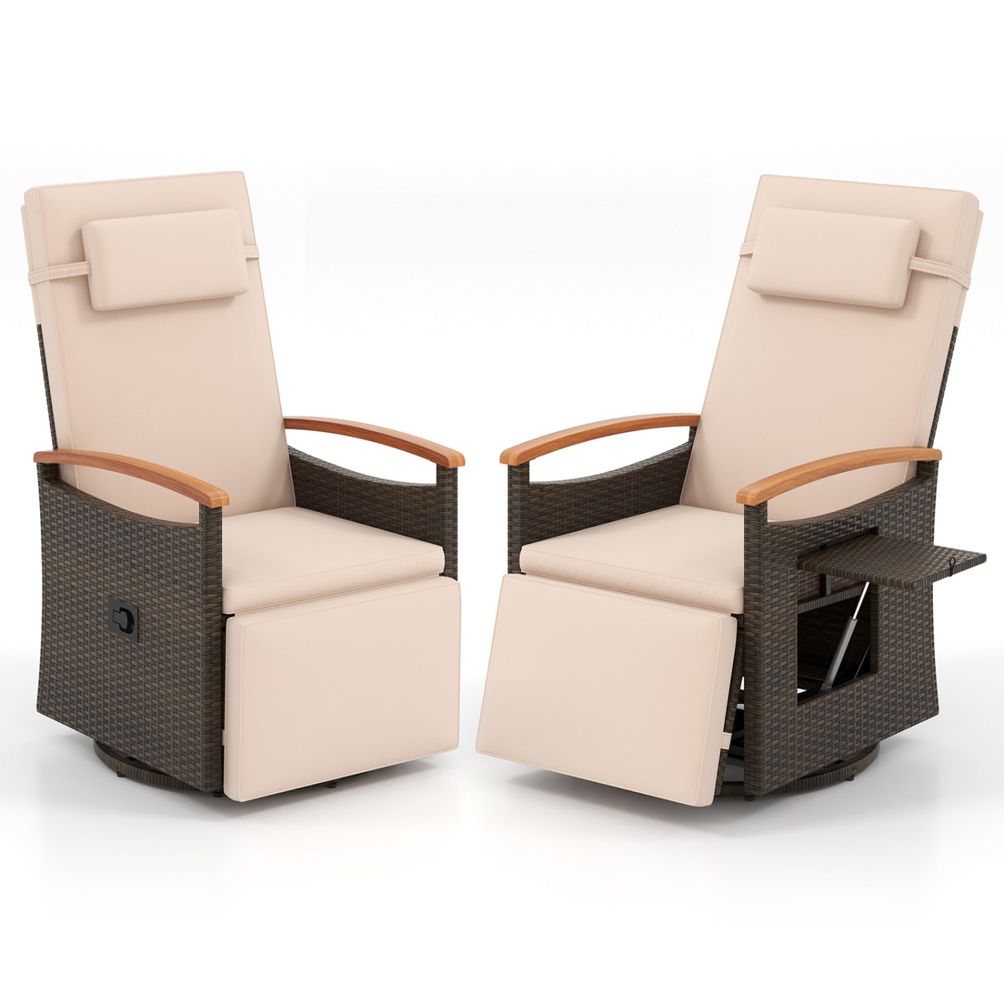 Set of 2 beige patio rattan swivel recliner chairs with adjustable backrests and footrests for outdoor seating.