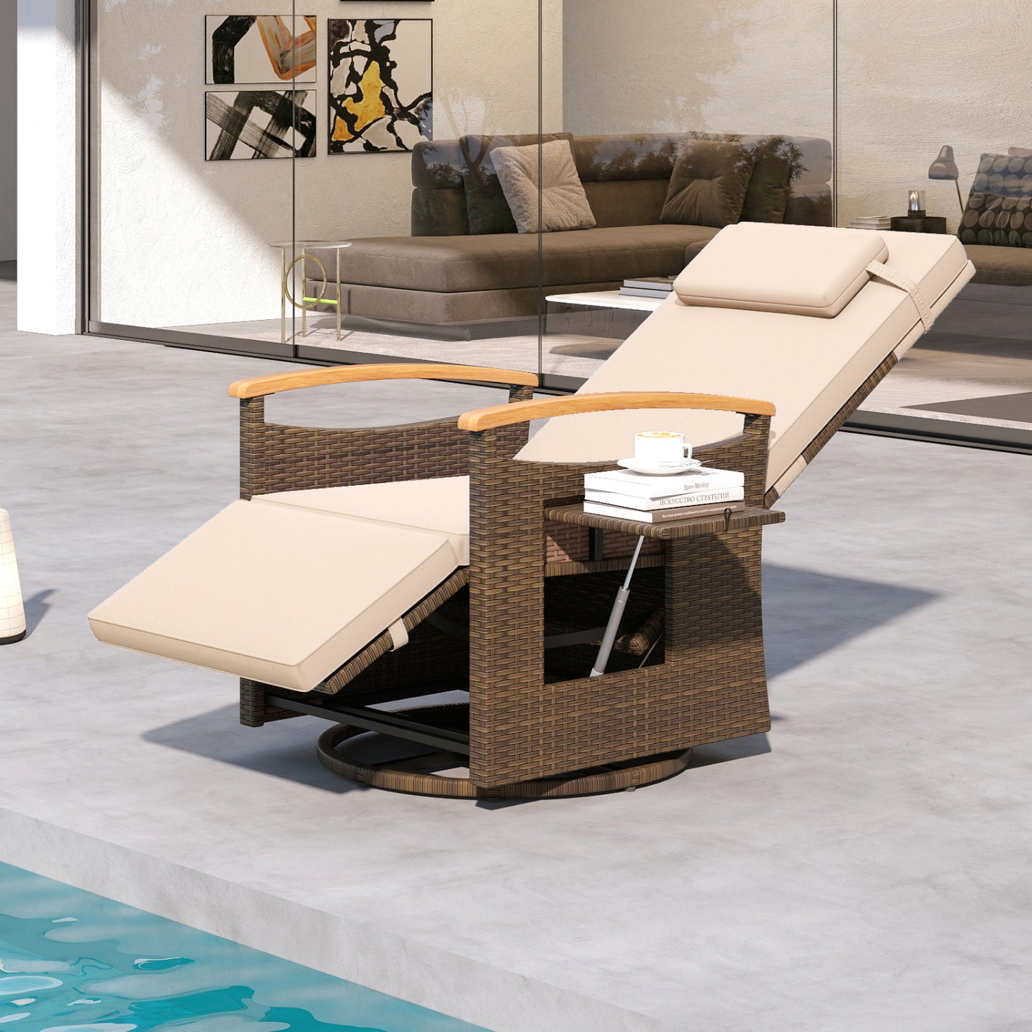 Set of 2 beige outdoor patio rattan swivel recliner chairs with adjustable backrest and footrest, ideal for outdoor seating.