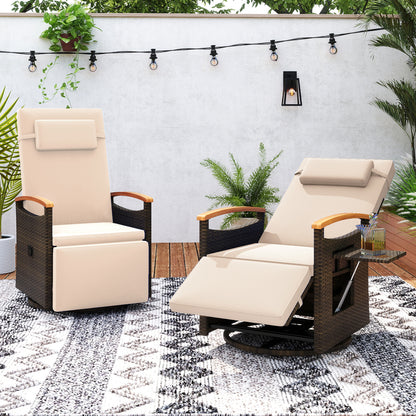 Set of 2 beige patio rattan swivel recliner chairs with adjustable backrest and footrest for outdoor seating.