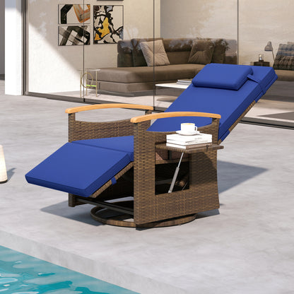 Set of 2 beige outdoor rattan swivel recliner chairs with adjustable backrests and footrests for patio lounging.