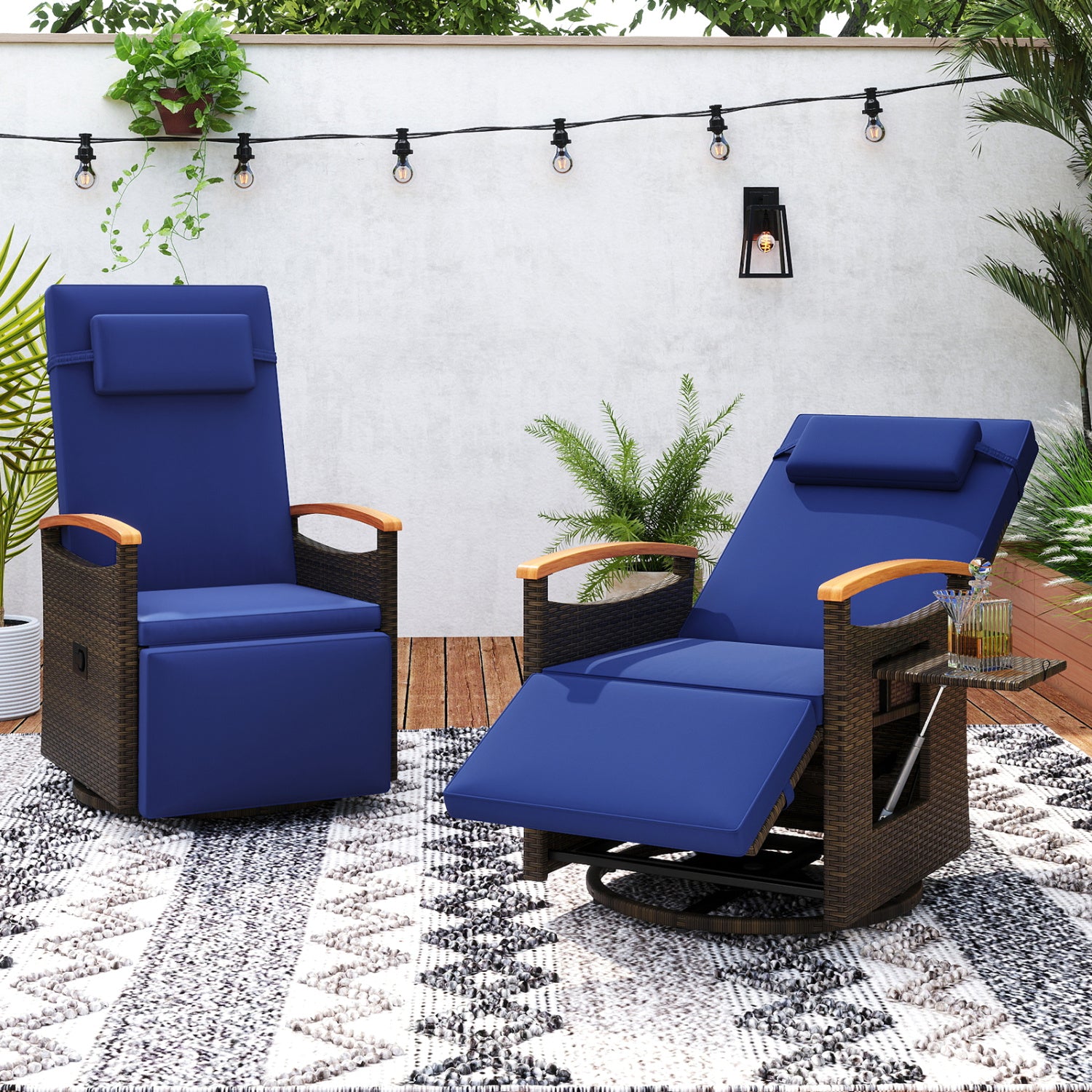 Set of 2 beige patio rattan swivel recliner chairs with adjustable backrests and footrests for outdoor seating.