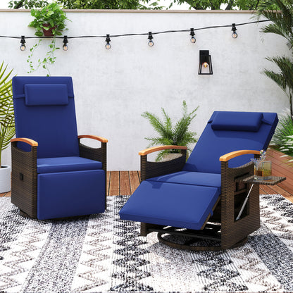Set of 2 beige patio rattan swivel recliner chairs with adjustable backrests and footrests for outdoor seating.