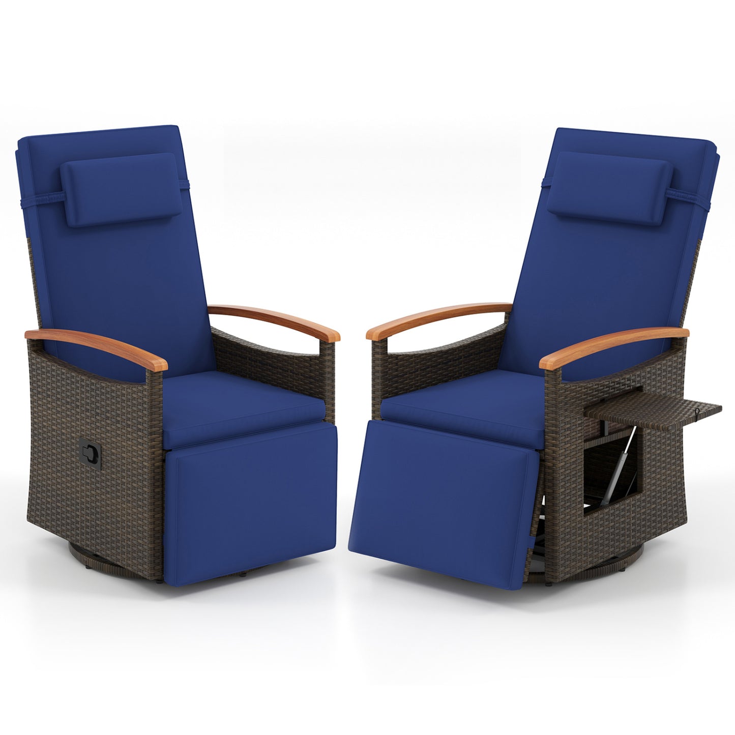 Set of 2 beige patio rattan swivel recliner chairs with adjustable backrests and footrests for outdoor patio seating.