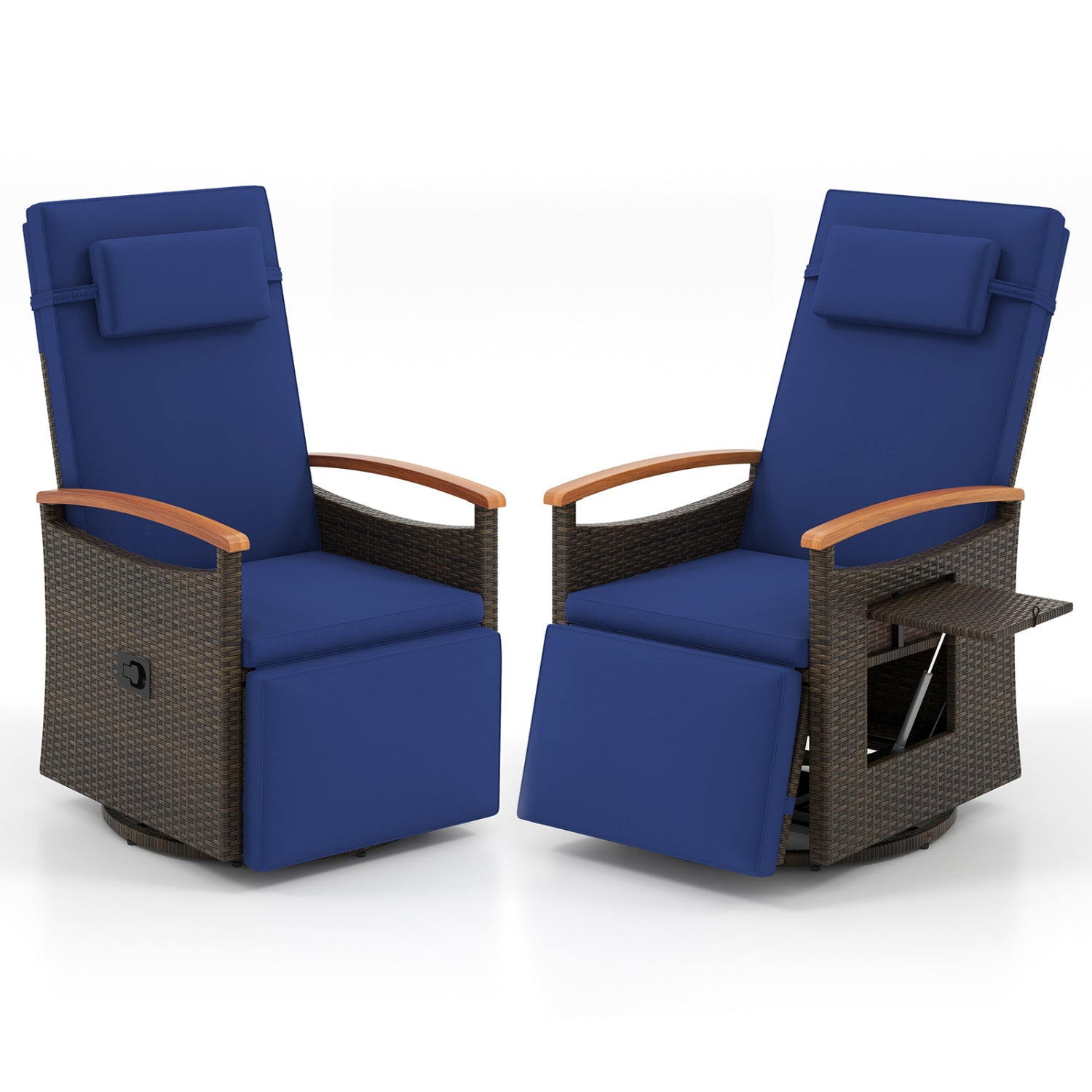 Set of 2 beige patio rattan swivel recliner chairs with adjustable backrests and footrests for outdoor patio seating.