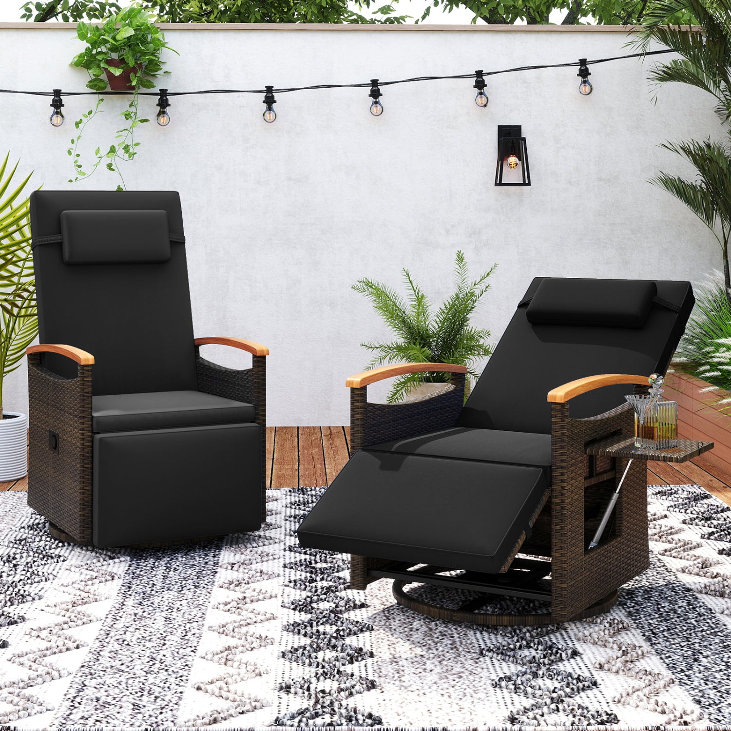 Set of 2 beige outdoor patio rattan swivel recliner chairs with adjustable backrests and footrests for outdoor seating.