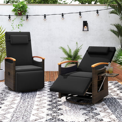 Set of 2 beige outdoor patio rattan swivel recliner chairs with adjustable backrests and footrests for outdoor seating.