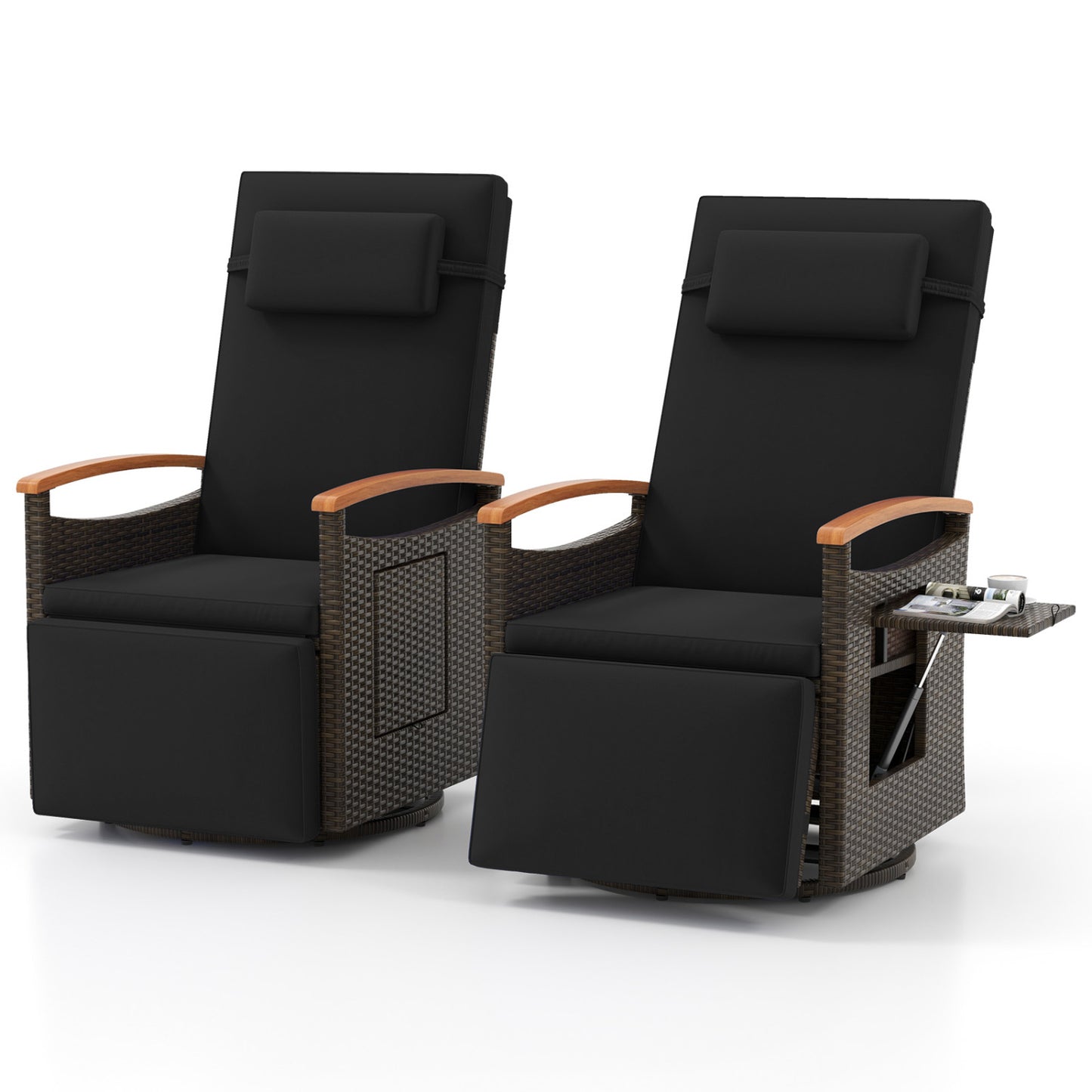 Set of 2 beige outdoor patio rattan swivel recliner chairs with adjustable backrest and footrest.