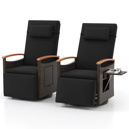 Set of 2 beige outdoor patio rattan swivel recliner chairs with adjustable backrest and footrest.