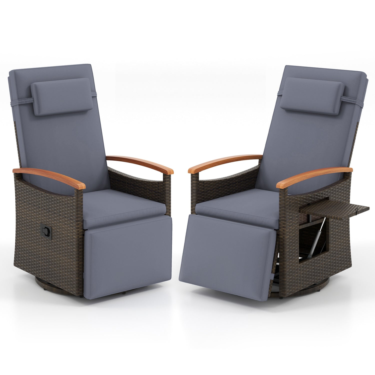 Set of 2 beige outdoor patio rattan swivel recliner chairs with adjustable backrests and footrests, ideal for outdoor seating.