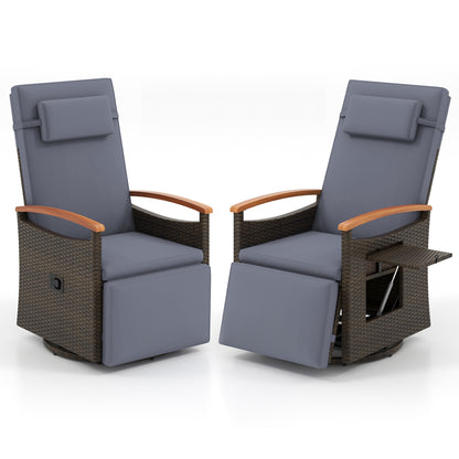 Set of 2 beige outdoor patio rattan swivel recliner chairs with adjustable backrests and footrests, ideal for outdoor seating.