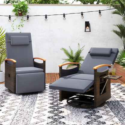 Set of 2 beige patio rattan swivel recliner chairs with adjustable backrest and footrest for outdoor patio seating.