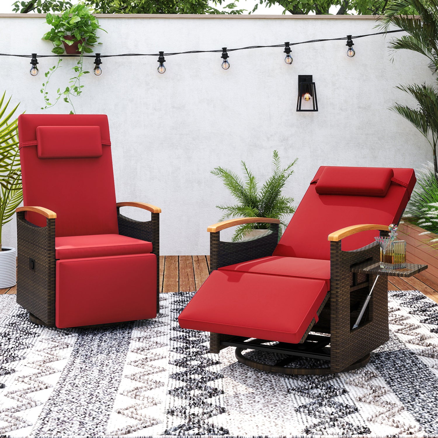 Set of 2 beige patio rattan swivel recliner chairs with adjustable backrest and footrest for outdoor patio seating.