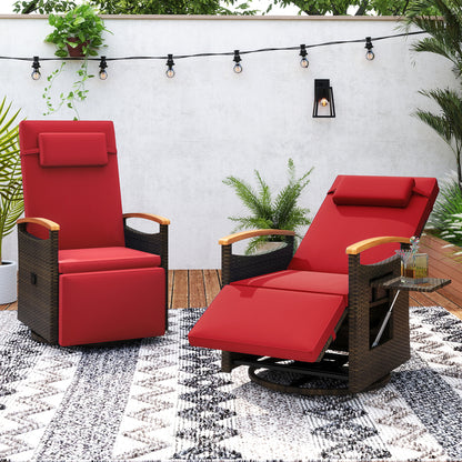 Set of 2 beige patio rattan swivel recliner chairs with adjustable backrest and footrest for outdoor patio seating.