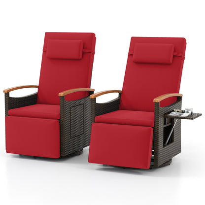 Set of 2 beige patio rattan swivel recliner chairs with adjustable backrest and footrest for outdoor seating.