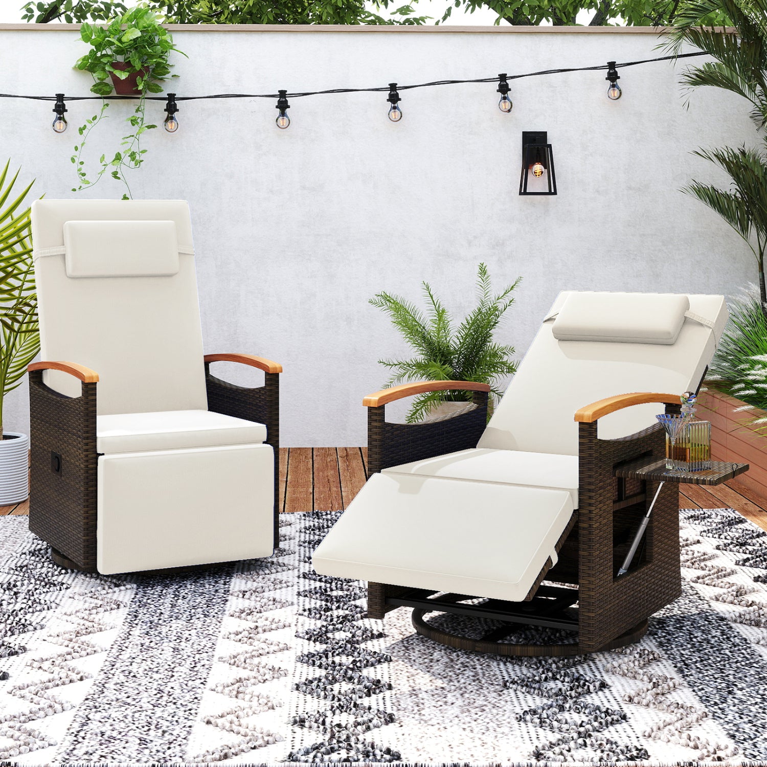 Set of 2 beige outdoor patio rattan swivel recliner chairs with adjustable backrest and footrest for outdoor seating.