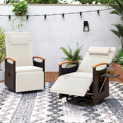 Set of 2 beige outdoor patio rattan swivel recliner chairs with adjustable backrest and footrest for outdoor seating.