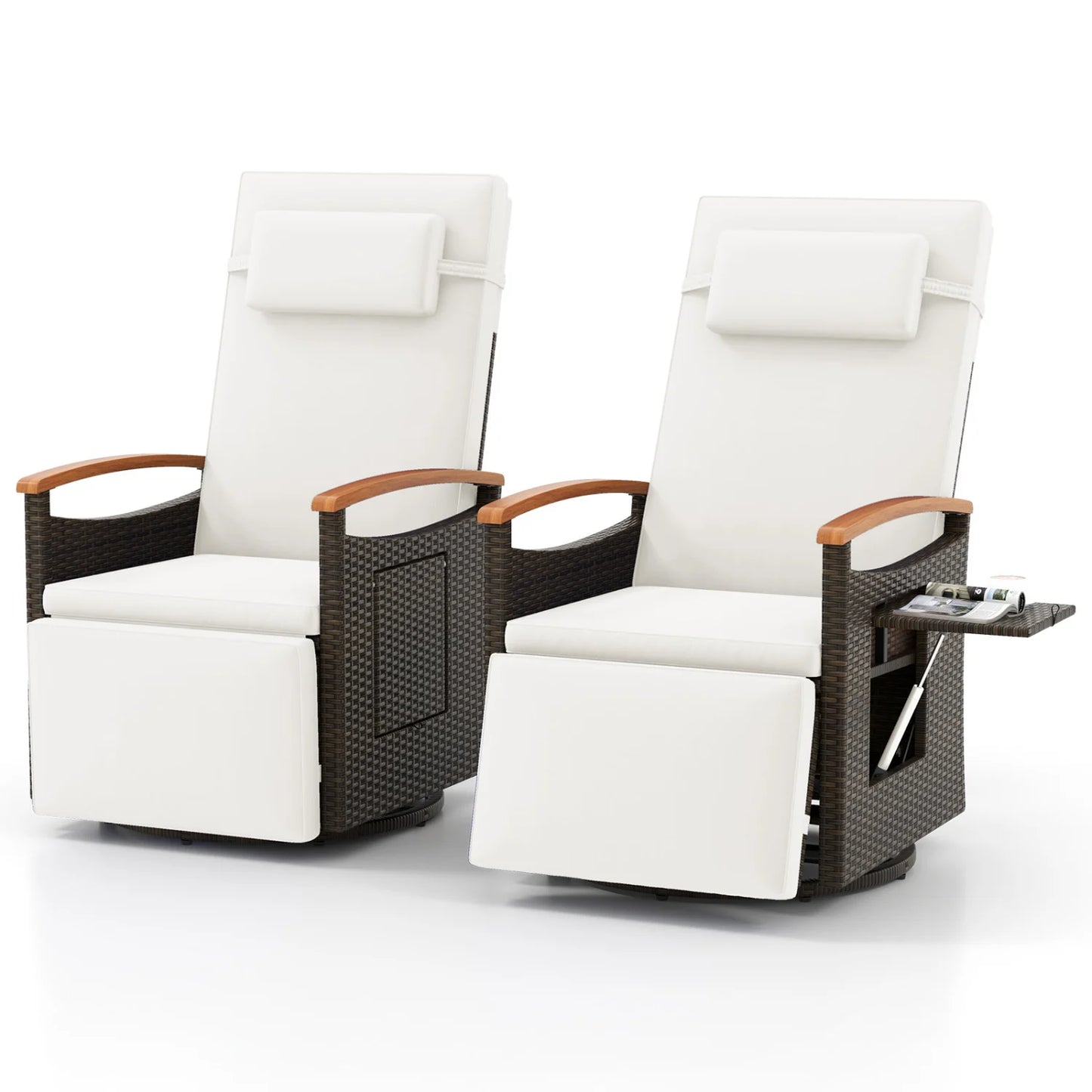 Set of 2 beige outdoor patio rattan swivel recliner chairs with adjustable backrest and footrest for outdoor seating.