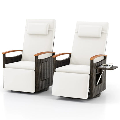 Set of 2 beige outdoor patio rattan swivel recliner chairs with adjustable backrest and footrest for outdoor seating.