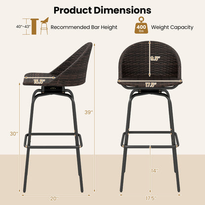 Set of 2 Patio Swivel Bar Stools with Rattan Seat 400 LBS for Garden-Brown