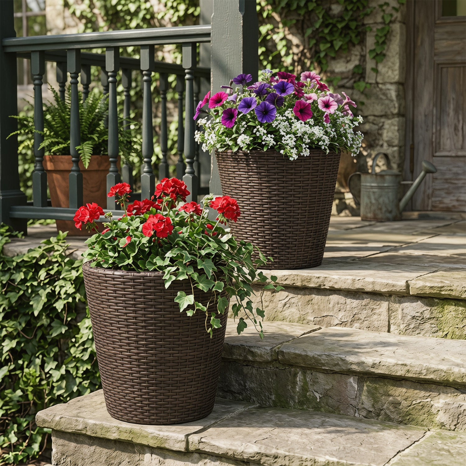 Set of 2 brown plastic taper rattan planters with drainage holes and saucers for outdoor garden raised beds.