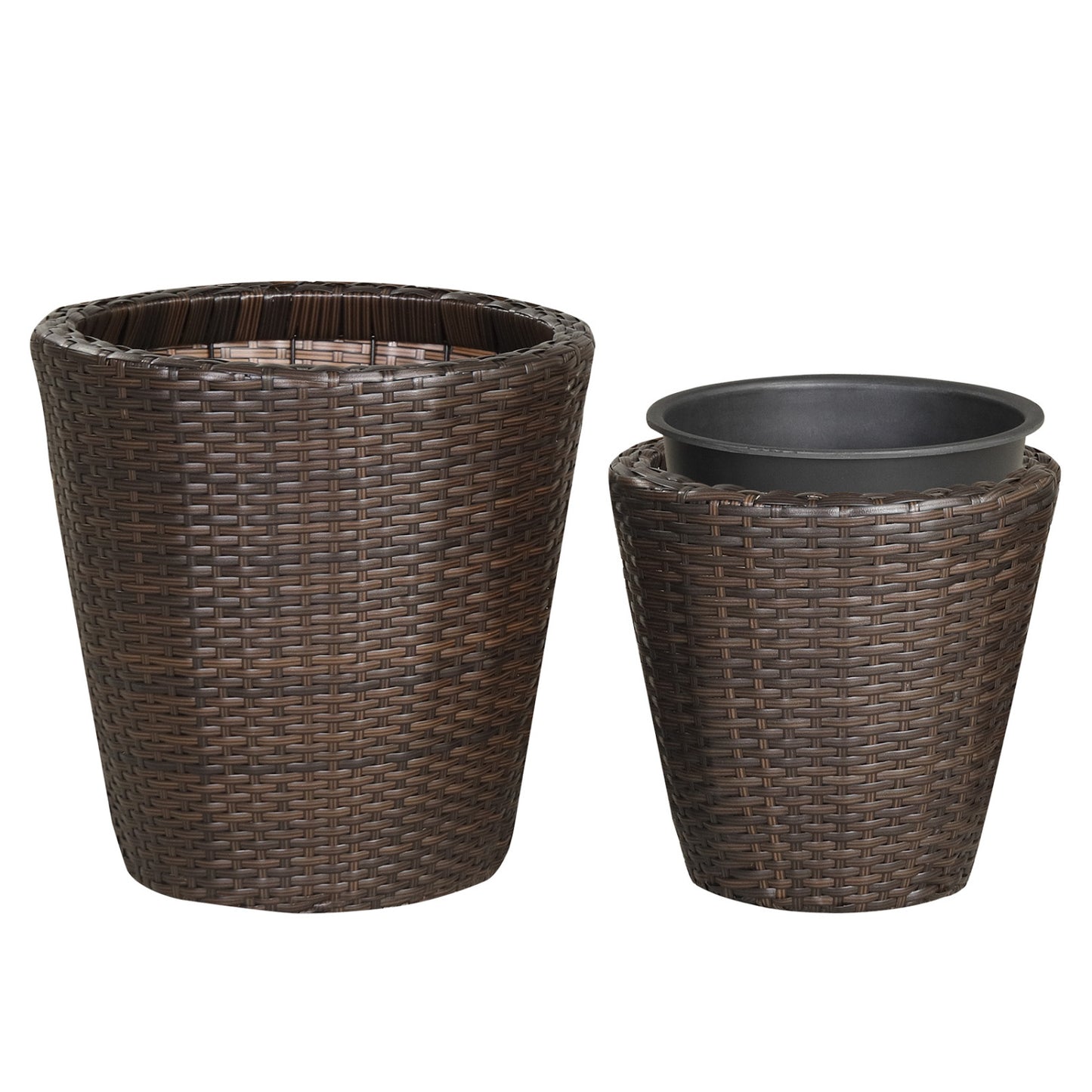 Set of 2 brown plastic taper rattan planters with drainage holes and saucers for outdoor gardening, ideal for raised garden beds.