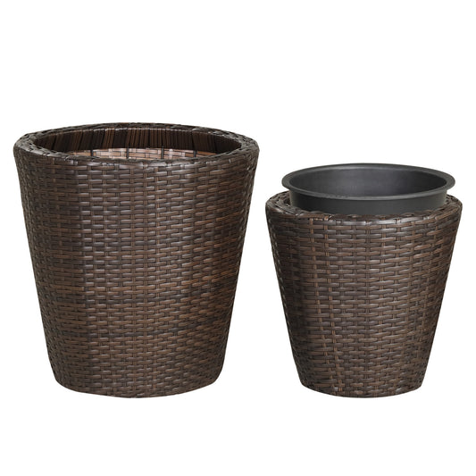 Set of 2 brown plastic taper rattan planters with drainage holes and saucers for outdoor gardening, ideal for raised garden beds.