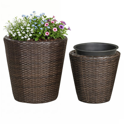 Set of 2 brown plastic taper rattan planters with drainage holes and saucers for outdoor garden raised beds.