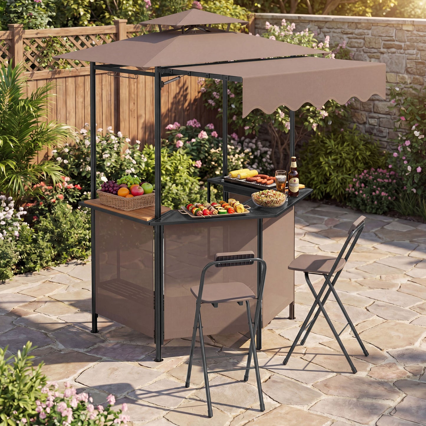 Set of 2 black portable outdoor bar height stools with ergonomic seats and footrests, ideal for patio and outdoor use.