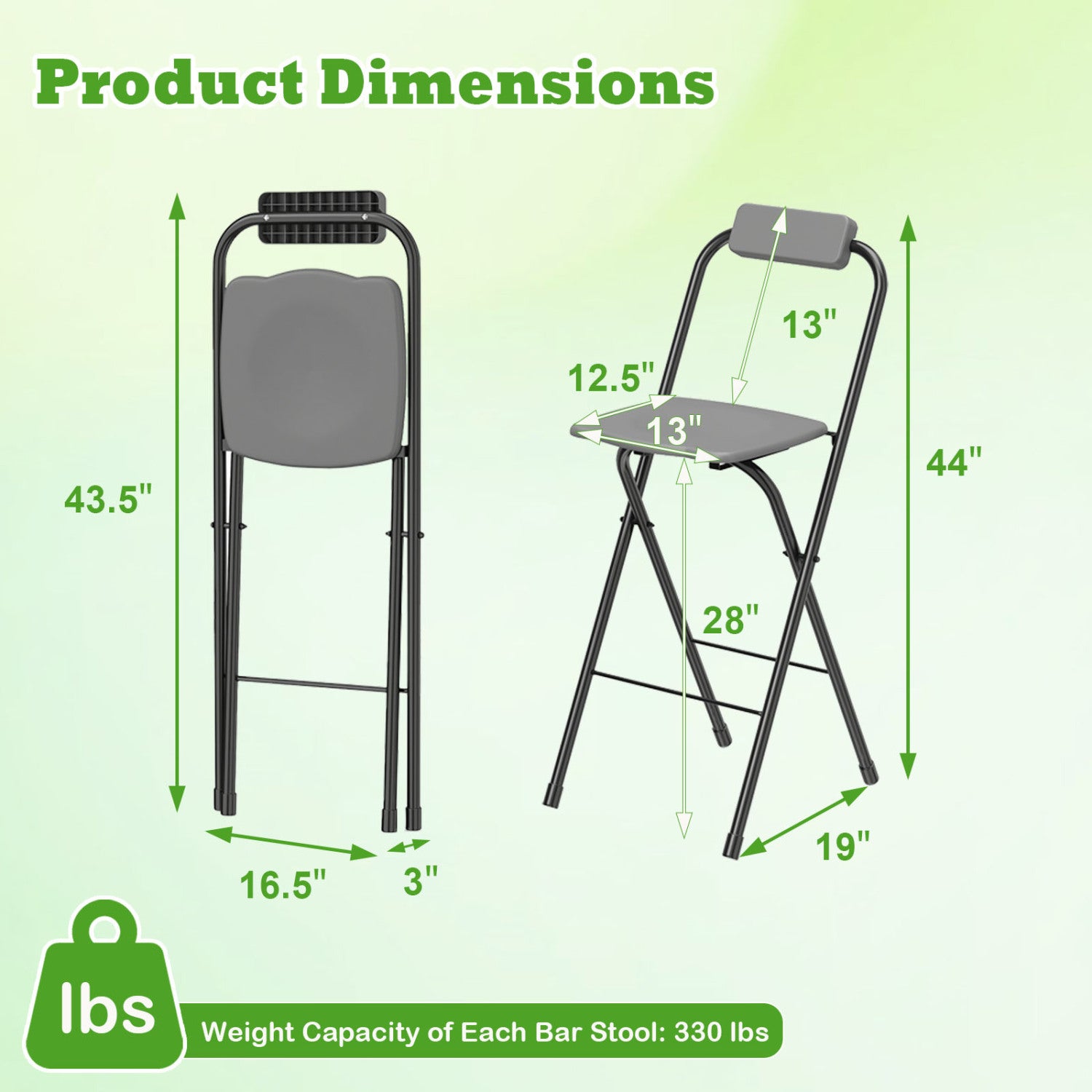 Set of 2 black portable bar height stools with ergonomic seats and footrests, ideal for outdoor patio bar furniture.