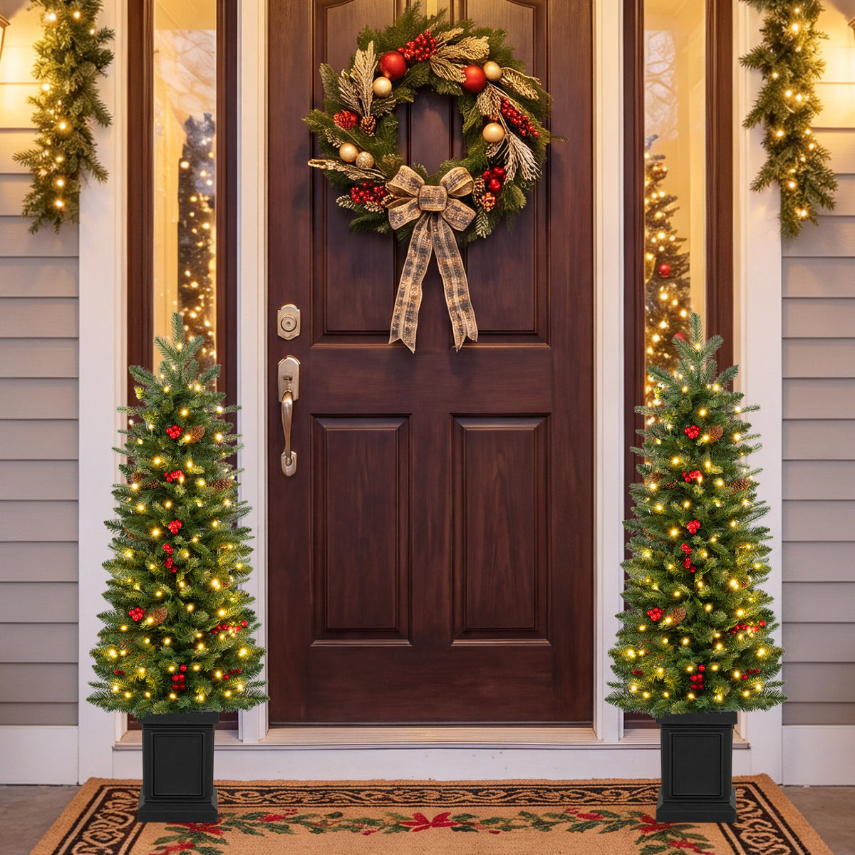 Set of 2 Pre-Lit Potted Artificial Christmas Tree with 100/150/200 Warm White LED Lights-4FT