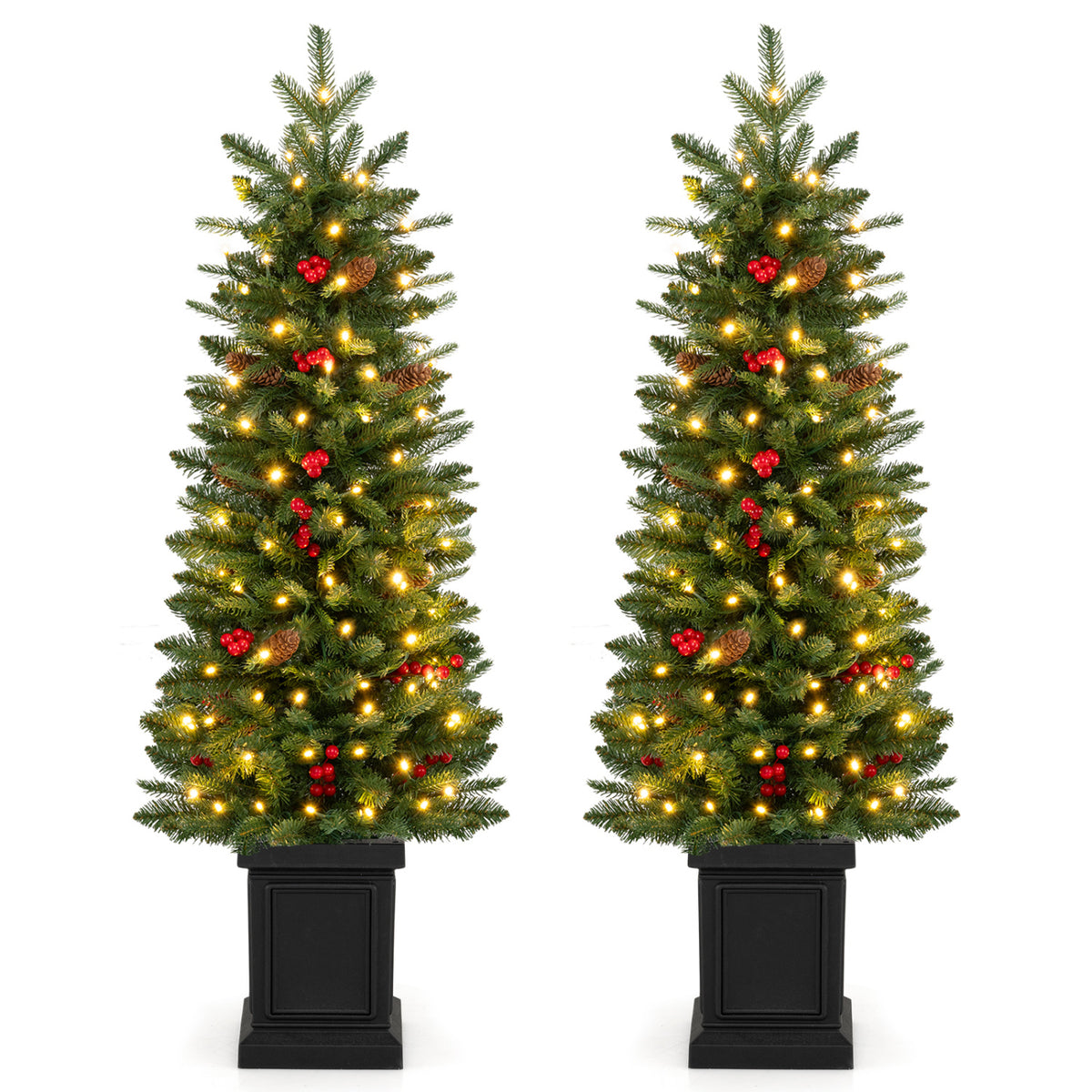 Set of 2 Pre-Lit Potted Artificial Christmas Tree with 100/150/200 Warm White LED Lights-4FT