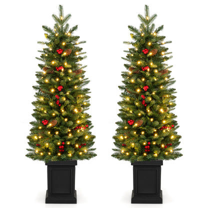 Set of 2 Pre-Lit Potted Artificial Christmas Tree with 100/150/200 Warm White LED Lights-4FT