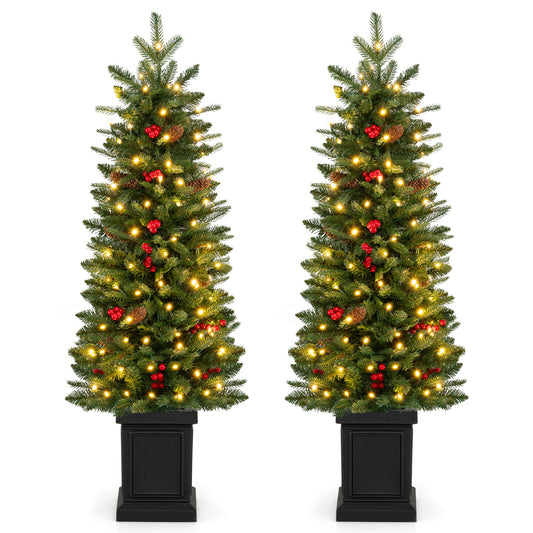 Set of 2 Pre-Lit Potted Artificial Christmas Tree with 100/150/200 Warm White LED Lights-4FT