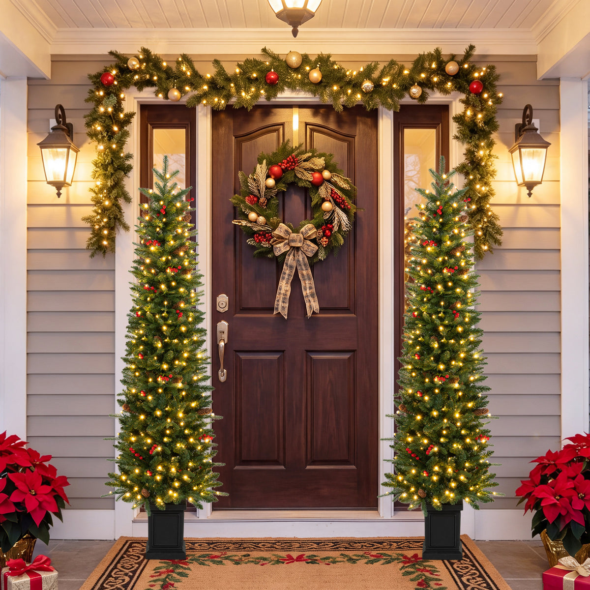 Set of 2 Pre-Lit Potted Artificial Christmas Tree with 100/150/200 Warm White LED Lights-6FT