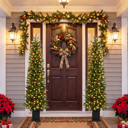 Set of 2 Pre-Lit Potted Artificial Christmas Tree with 100/150/200 Warm White LED Lights-6FT