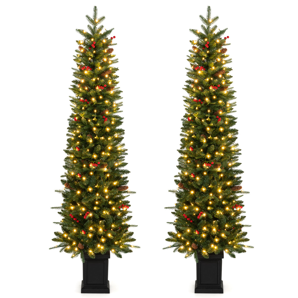 Set of 2 Pre-Lit Potted Artificial Christmas Tree with 100/150/200 Warm White LED Lights-6FT