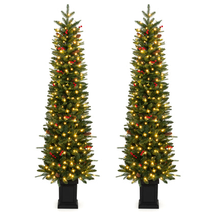 Set of 2 Pre-Lit Potted Artificial Christmas Tree with 100/150/200 Warm White LED Lights-6FT