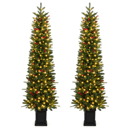 Set of 2 Pre-Lit Potted Artificial Christmas Tree with 100/150/200 Warm White LED Lights-6FT