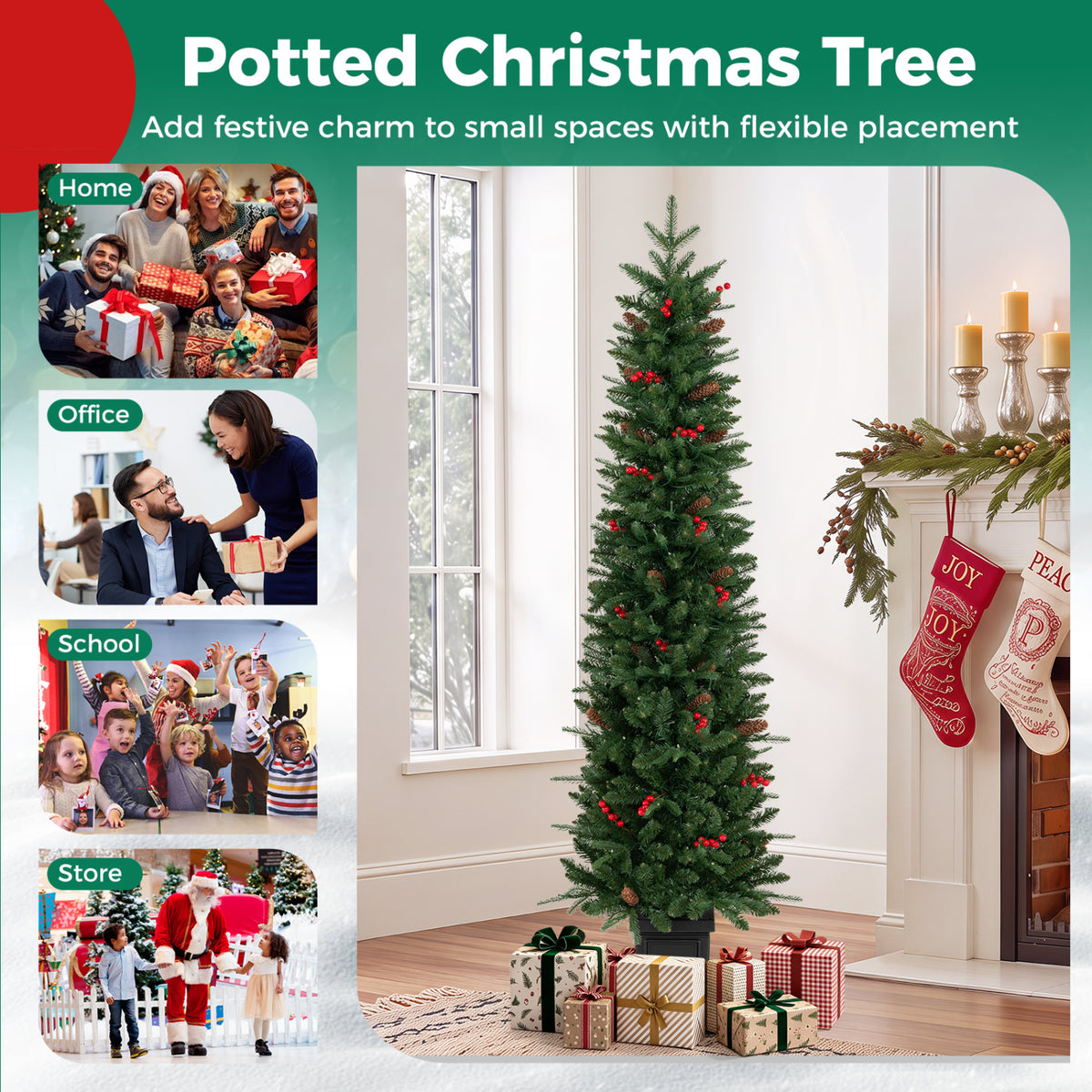 Set of 2 Pre-Lit Potted Artificial Christmas Tree with 100/150/200 Warm White LED Lights-6FT