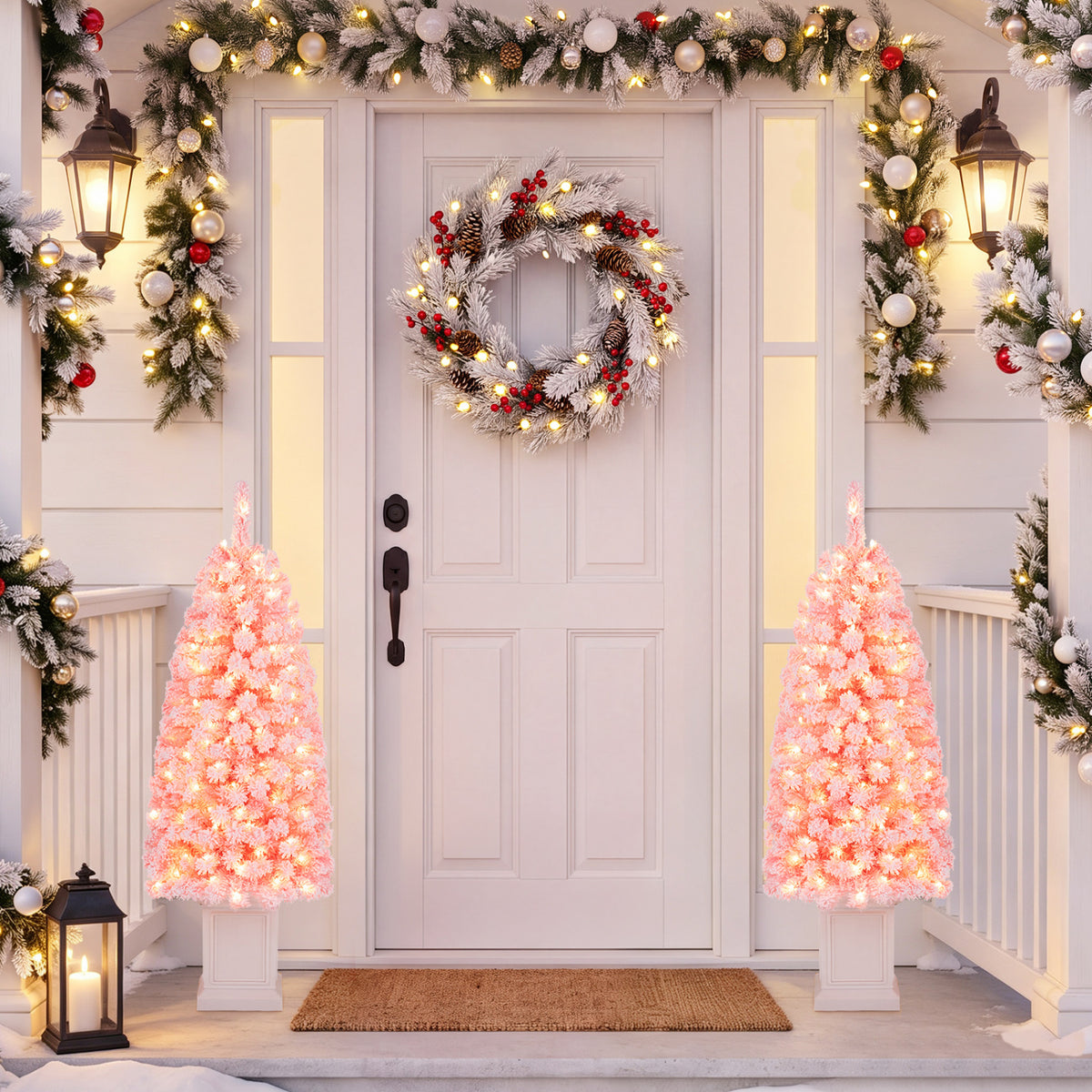 Set of 2 Pre-lit Potted Artificial Christmas Tree with Warm White LED Lights-4FT