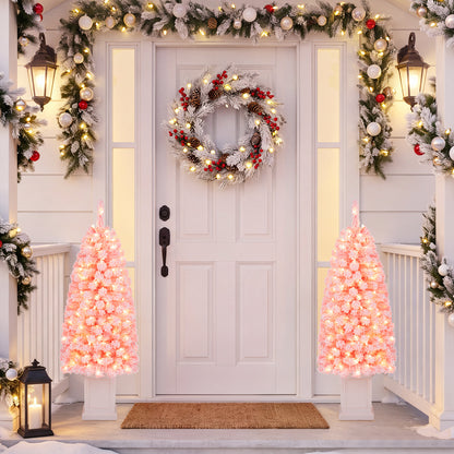 Set of 2 Pre-lit Potted Artificial Christmas Tree with Warm White LED Lights-4FT